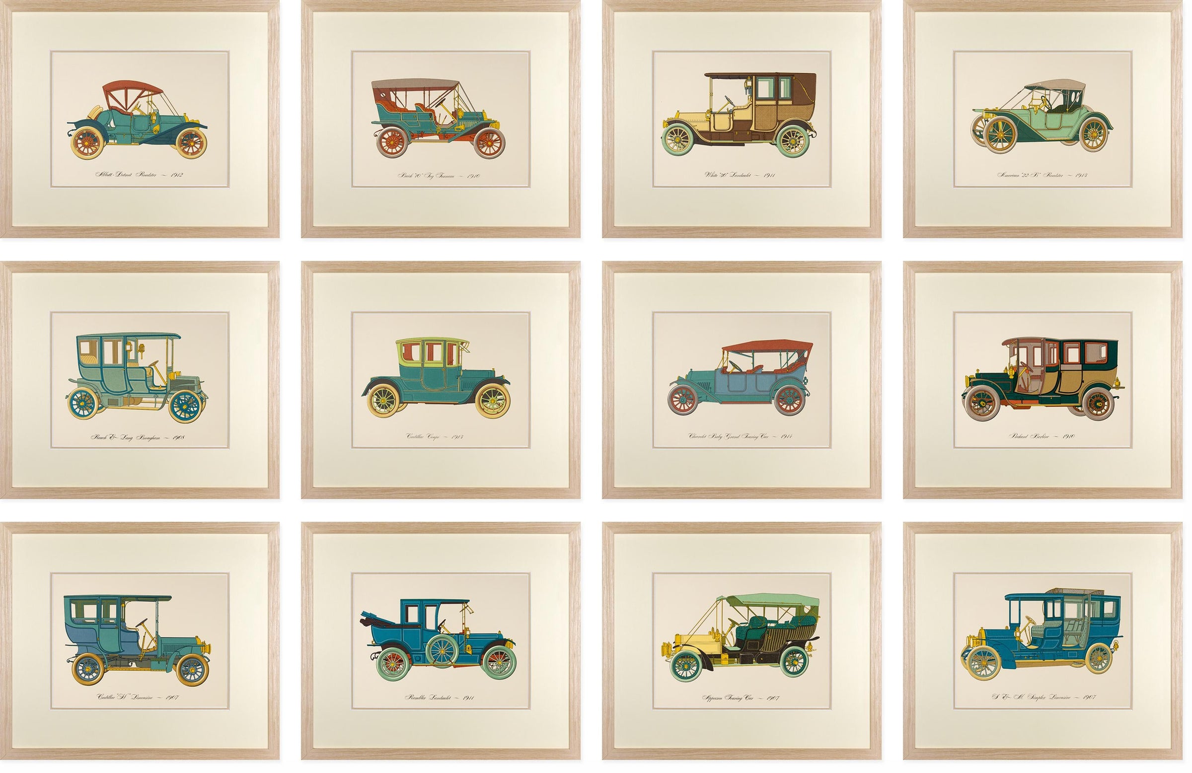 Vintage Framed Car Prints - Set of 12
